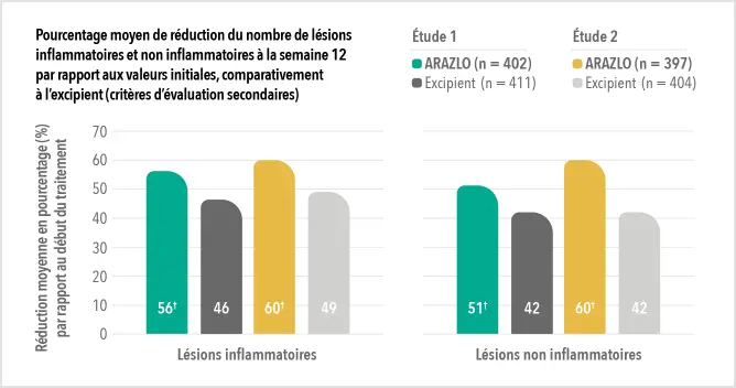 Pourcentage moyen de réduction du nombre de lésions inflammatoires et non inflammatoires à la semaine 12 par rapport aux valeurs initiales, comparativement à l’excipient (critères d’évaluation secondaires). Lésions inflammatoires : Étude 1, 56 %† ARAZLO (n = 402) vs 46 % excipient (n = 411); Étude 2, 60 %† ARAZLO (n = 397) vs 49 % excipient (n = 404). Lésions non inflammatoires : Étude 1, 51 %† ARAZLO vs 42 % excipient; Étude 2, 60 %† ARAZLO vs 42 % excipient.